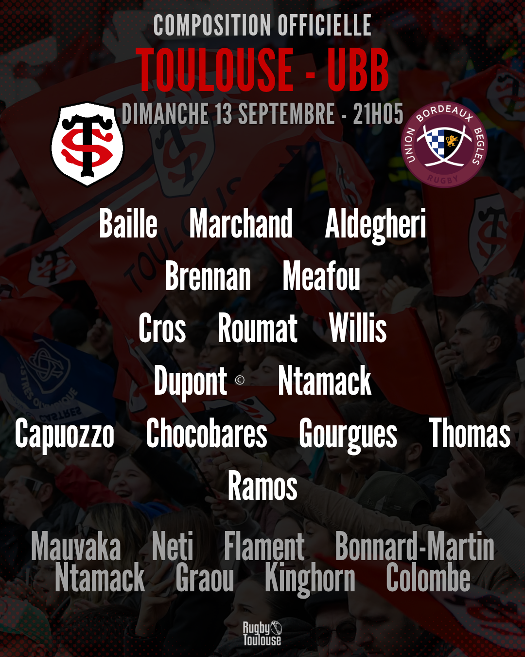 Toulouse - UBB : La composition officielle du Stade Toulousain révélée pour le match de Top 14 dimanche