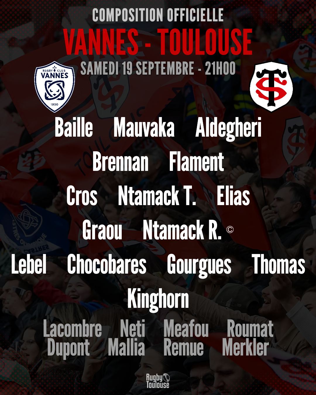 Vannes - Toulouse : La composition officielle du Stade Toulousain révélée pour la 3e journée de Top 14 samedi