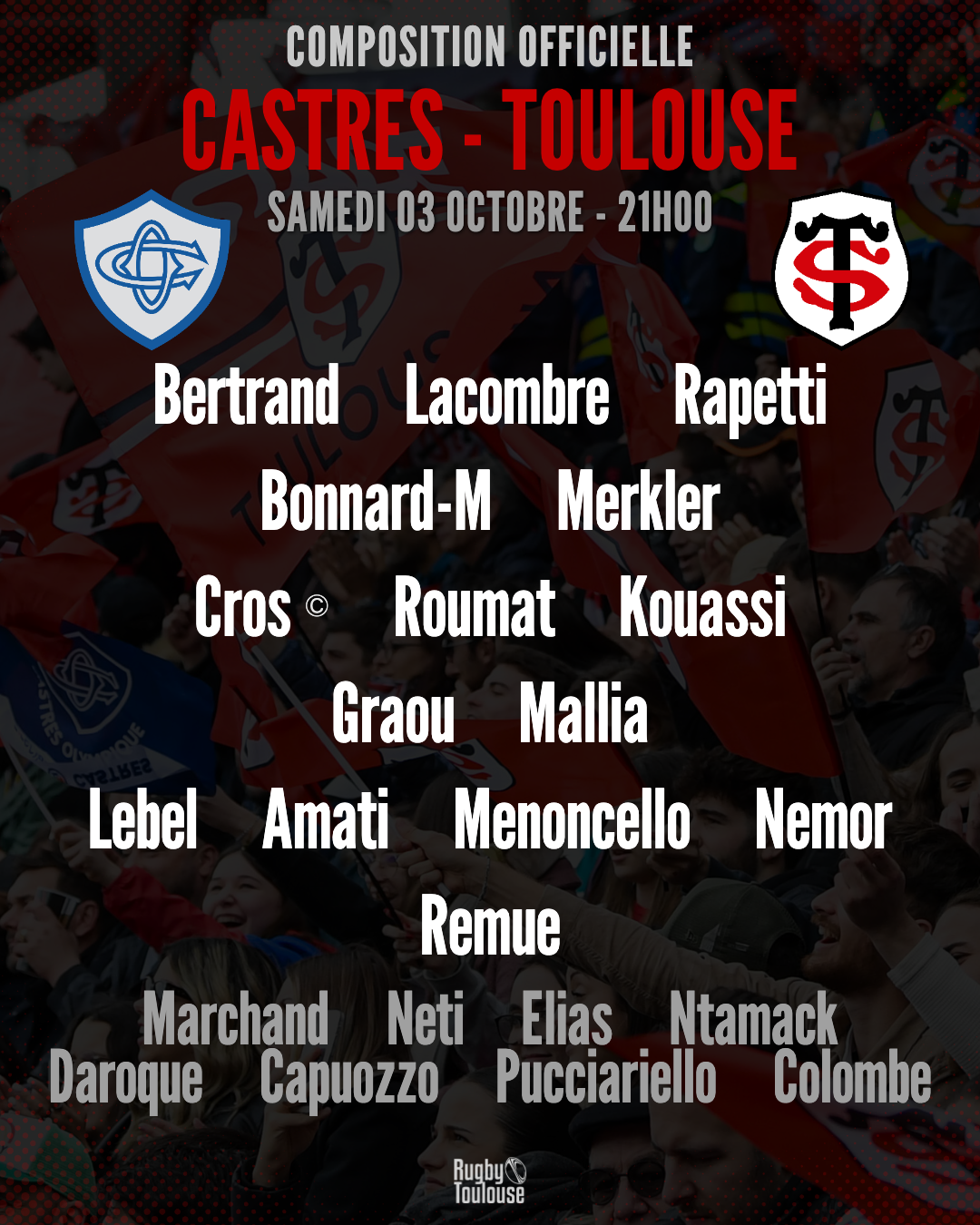 Stade Toulousain : La compo officielle dévoilée pour le déplacement à Castres samedi en Top 14