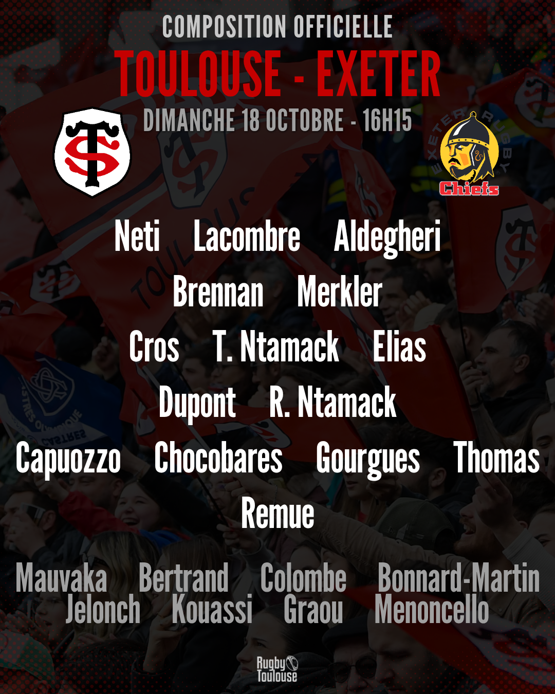 Stade Toulousain : La compo officielle dévoilée pour la réception d'Exeter dimanche en Champions Cup