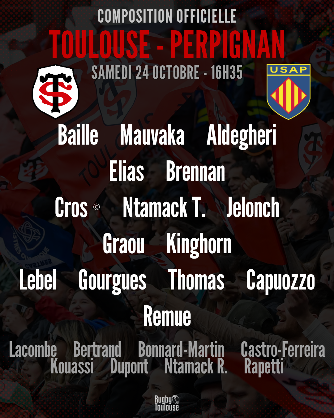 Stade Toulousain : La compo officielle dévoilée pour la réception de Perpignan samedi en Top 14
