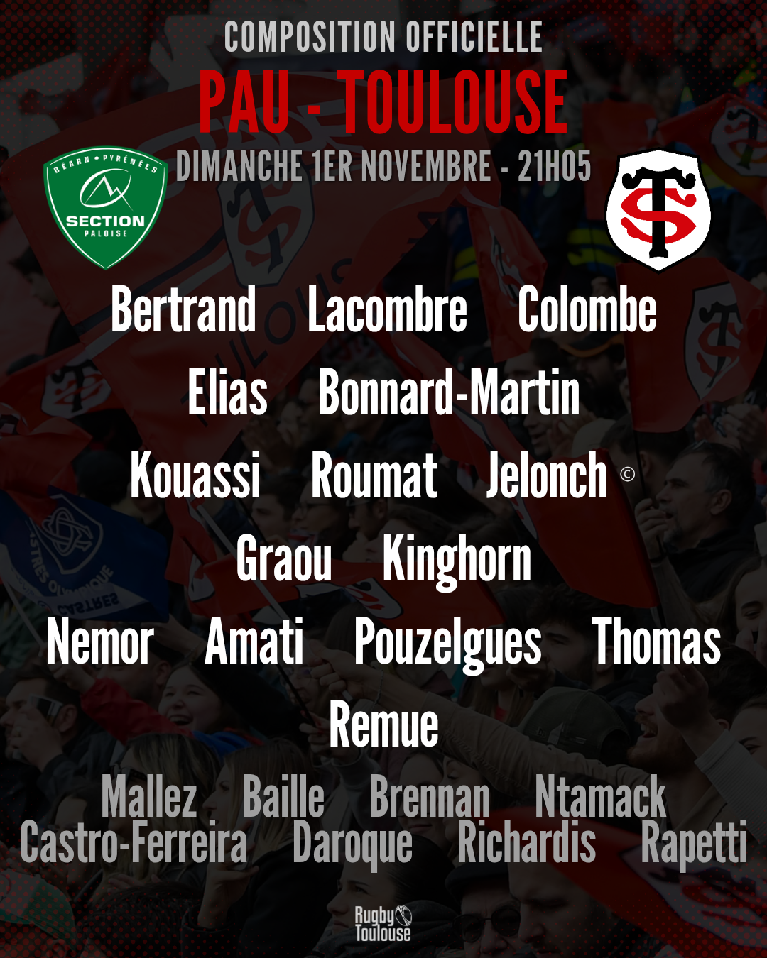 Stade Toulousain : La compo officielle dévoilée pour le déplacement à Pau dimanche en Top 14