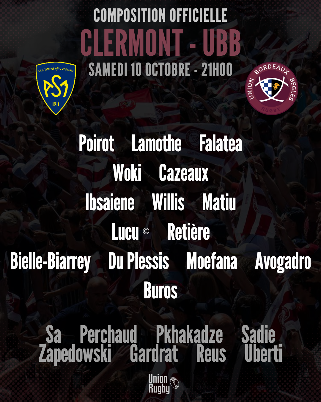 UBB : La compo officielle dévoilée pour le déplacement à Clermont samedi en Top 14