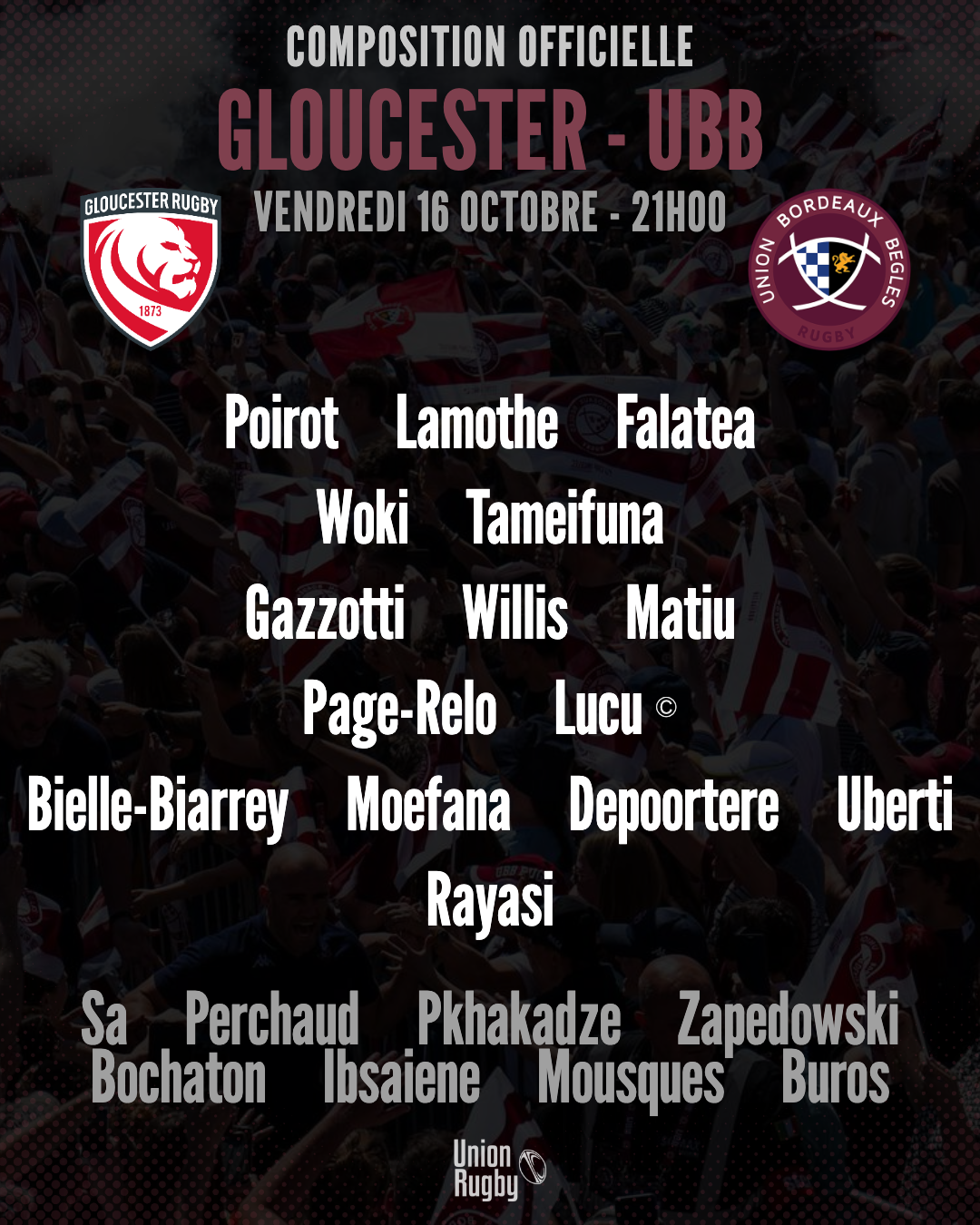 UBB : La compo officielle dévoilée pour le déplacement à Gloucester vendredi en Champions Cup