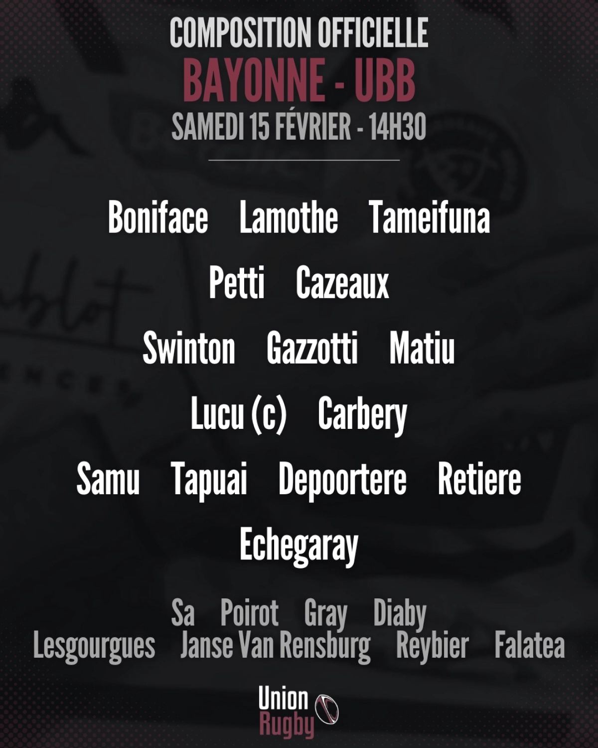 Bayonne vs UBB : Les compositions d'équipes dévoilées !
