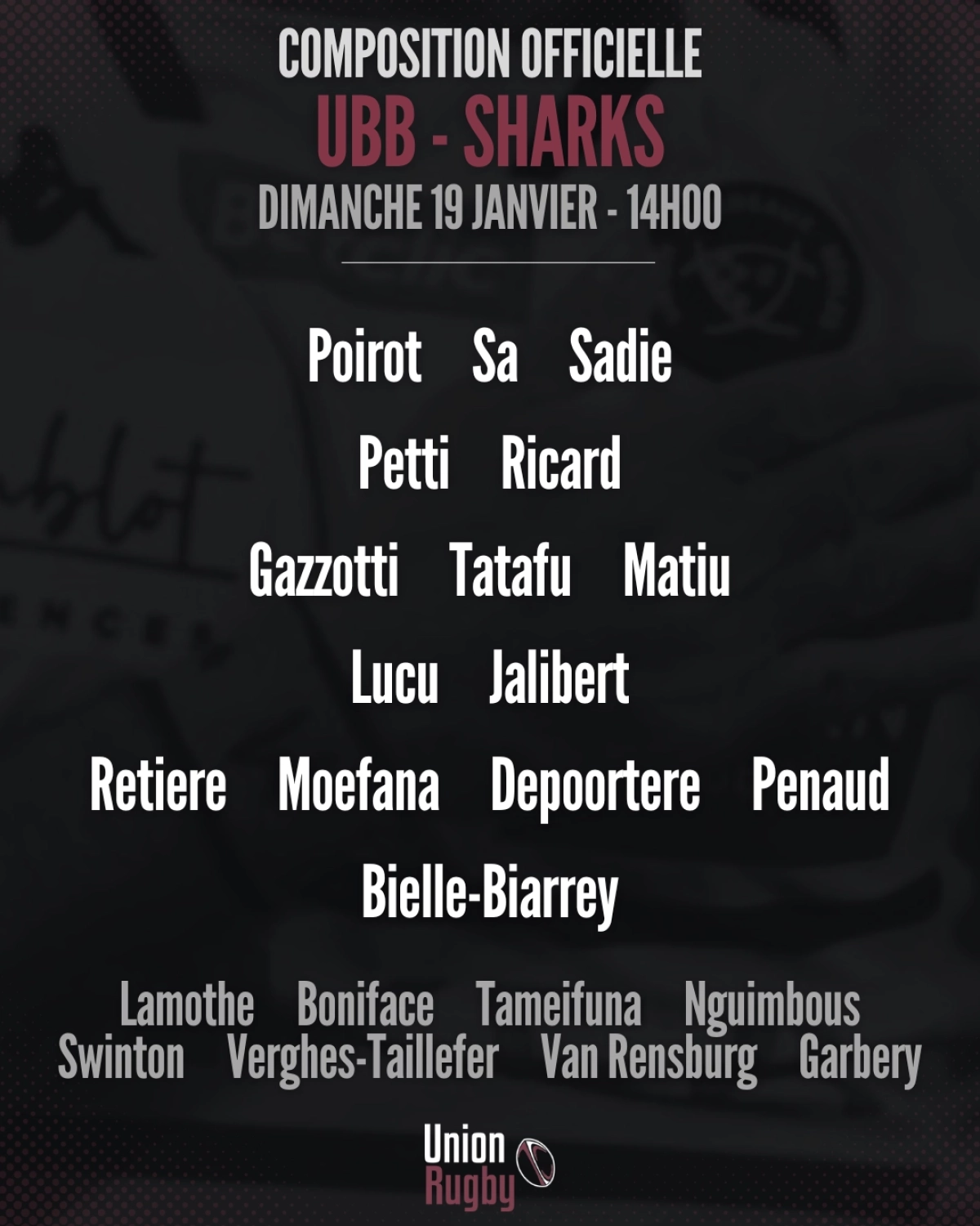 Champions Cup : Découvrez les compositions des Sharks et de l'UBB !