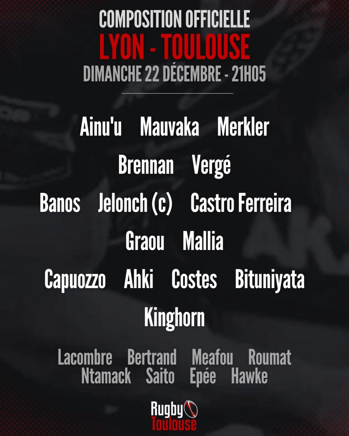 Découvrez les compositions de Lyon et Toulouse pour la 12ème journée de Top 14