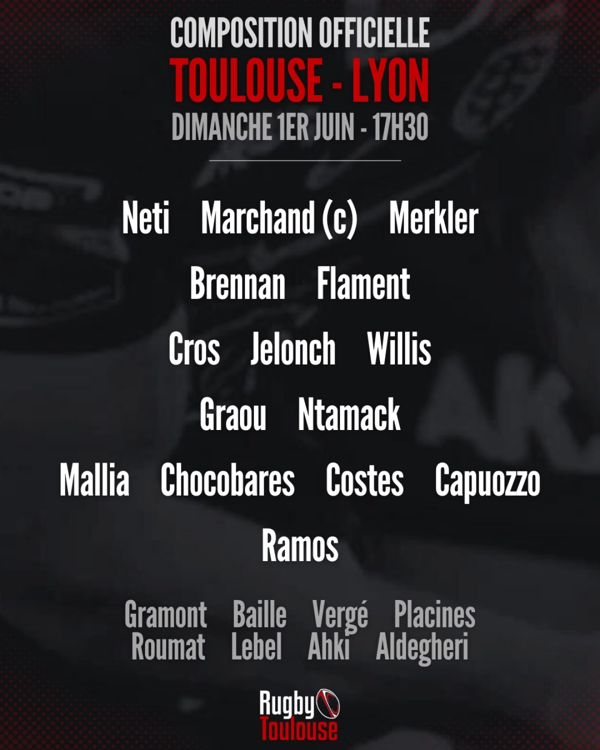 Découvrez les compositions de Toulouse - Lyon pour la 25ème journée de Top 14