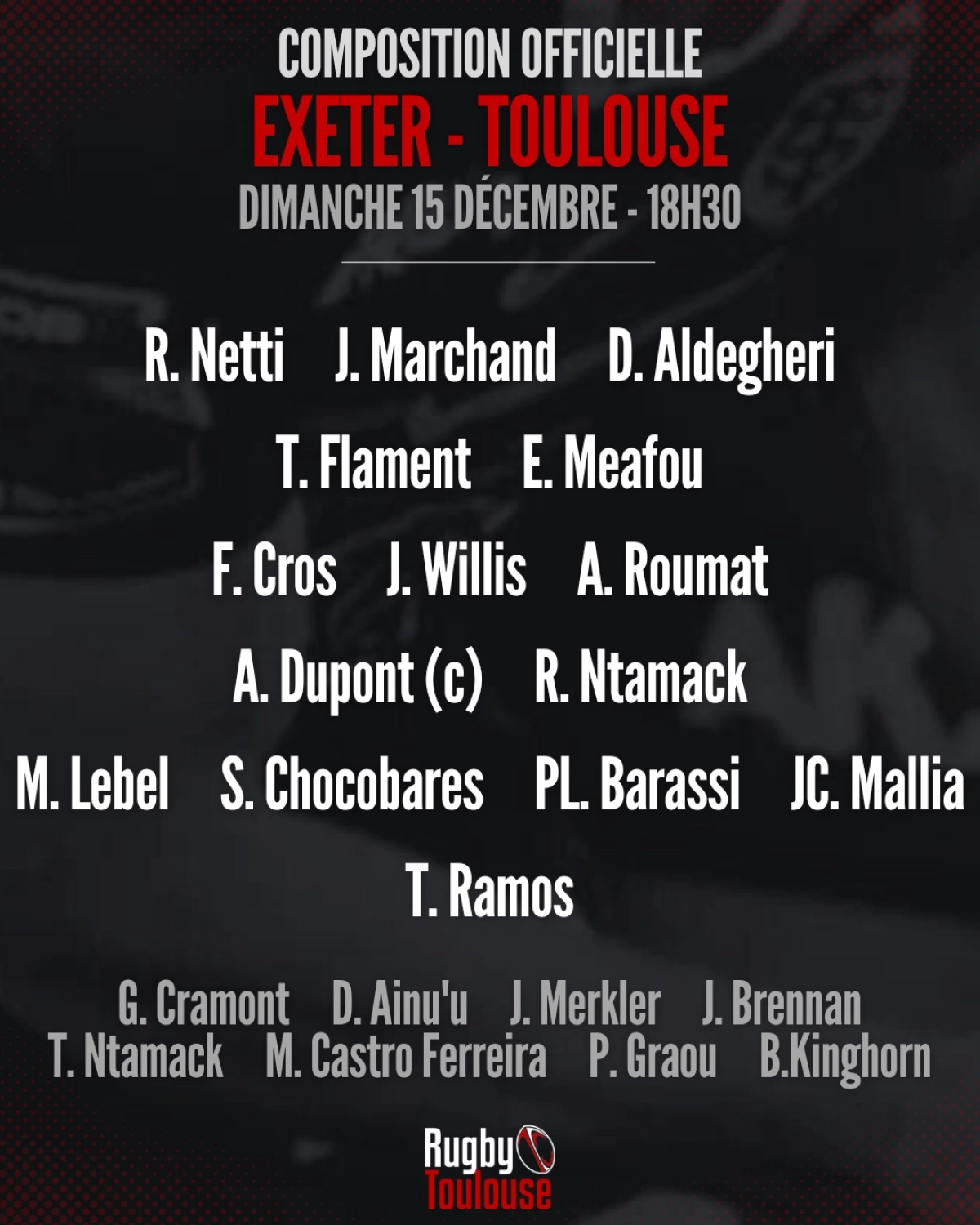 Exeter Toulouse : La composition d'équipe du Stade Toulousain !