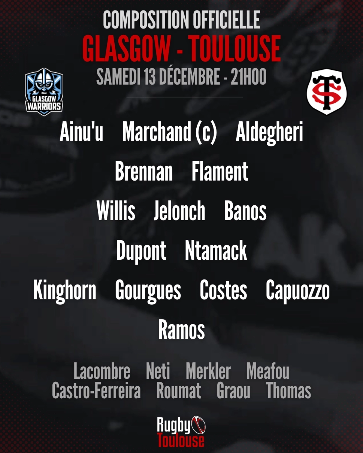 Glasgow - Toulouse : La compo officielle du Stade Toulousain dévoilée pour le match de samedi