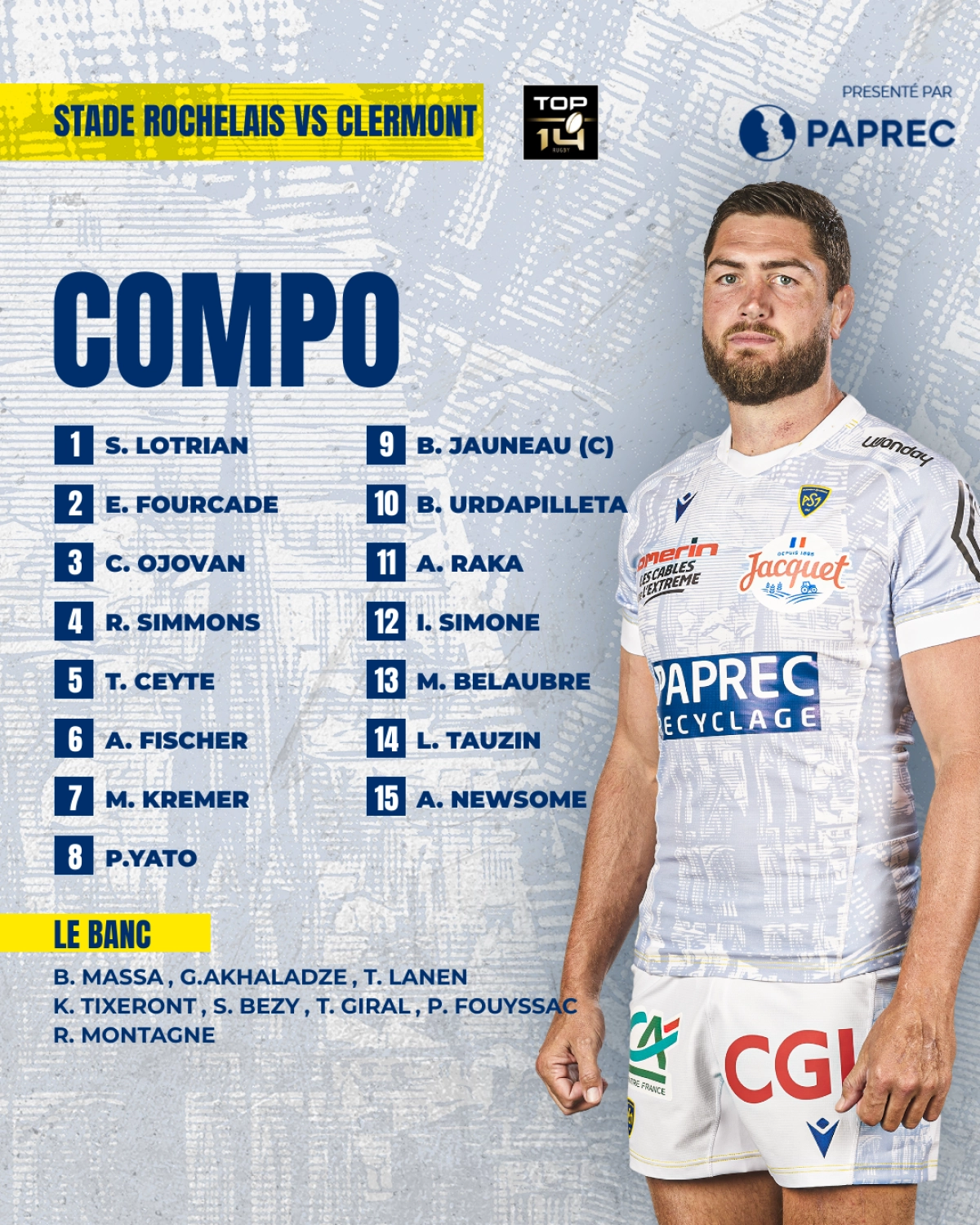 La Rochelle vs Clermont : Découvrez les compositions pour la 12ème journée de Top 14