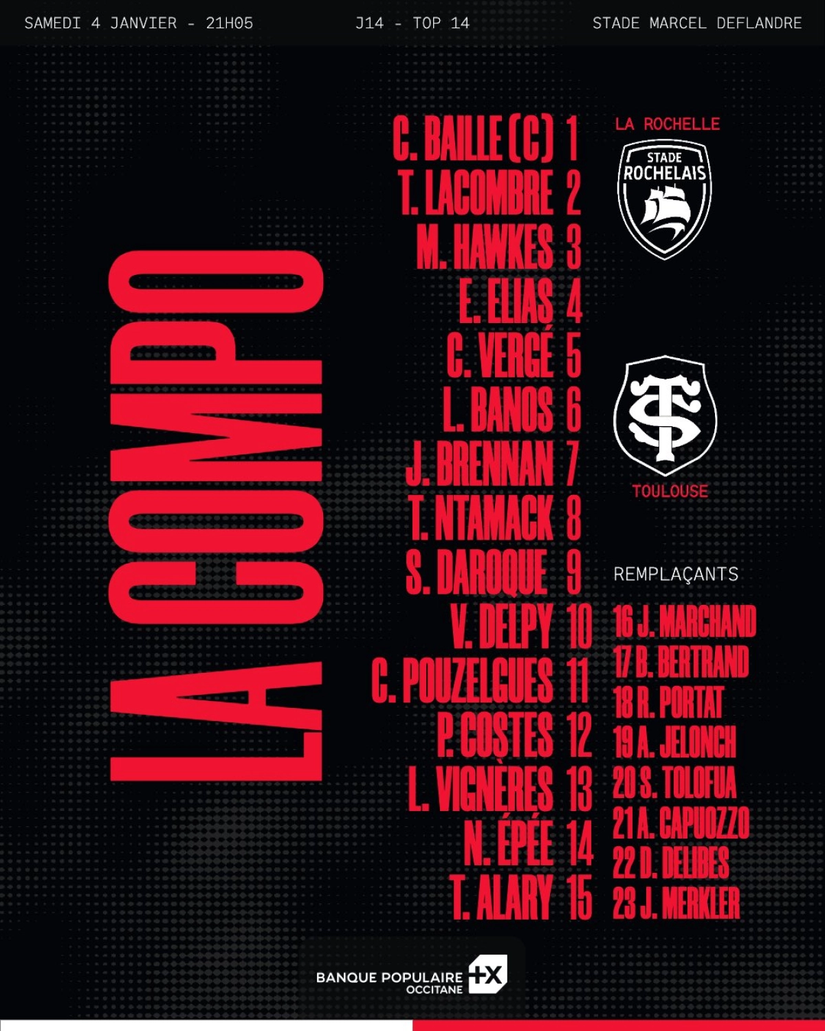 La Rochelle vs Toulouse : Découvrez les compositions pour la 14ème journée de Top 14