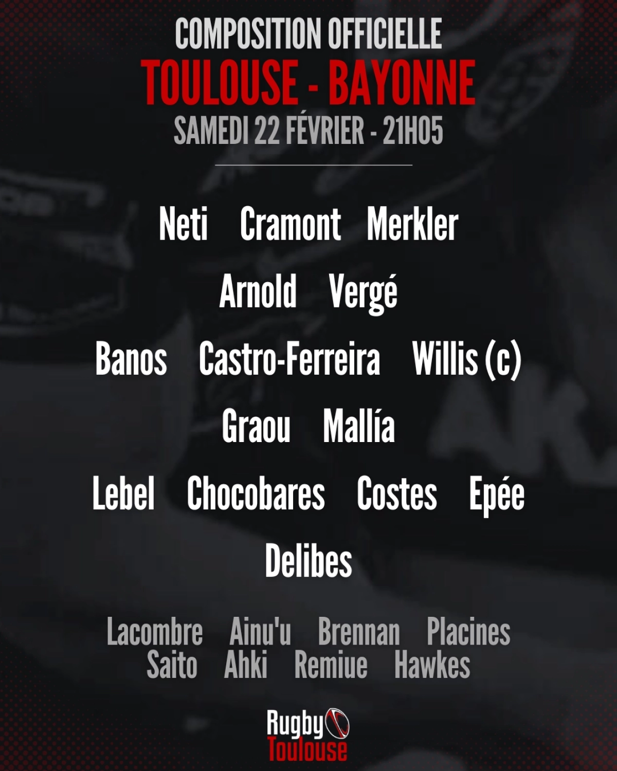 Les compositions pour Stade Toulousain vs Bayonne pour la 17ème journée de Top 14