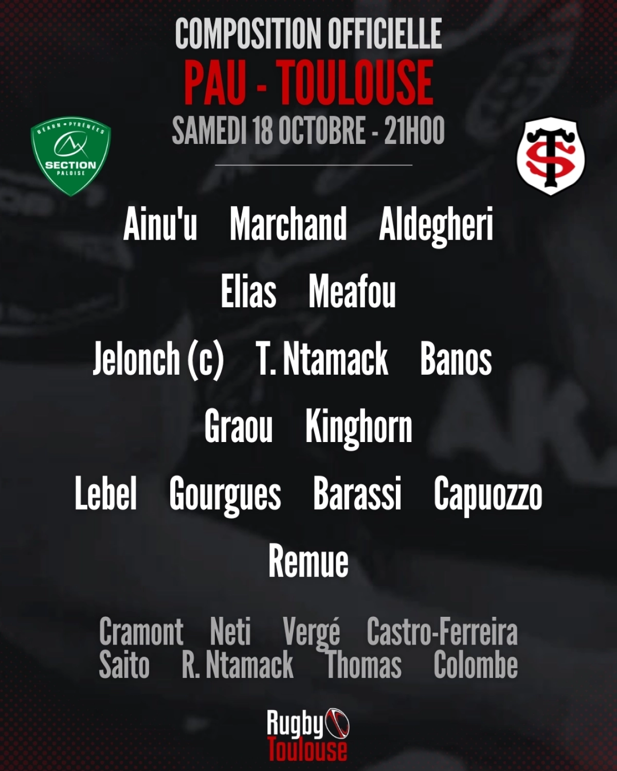 Pau - Toulouse : Composition officielle du Stade Toulousain révélée pour le match de samedi
