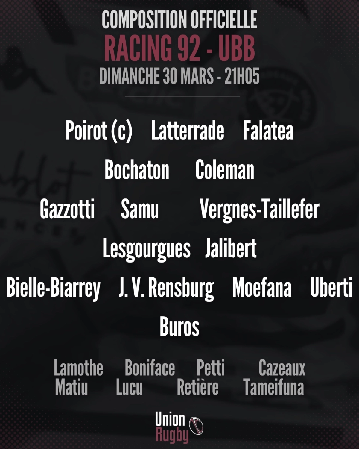 Racing 92 vs UBB : Les compositions des deux équipes dévoilées !