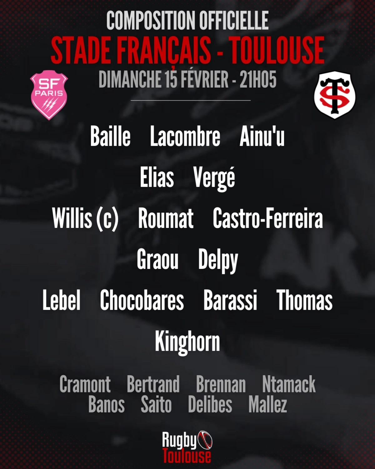 Stade Français - Toulouse : La compo du Stade Toulousain révélée pour le choc de dimanche en Top 14