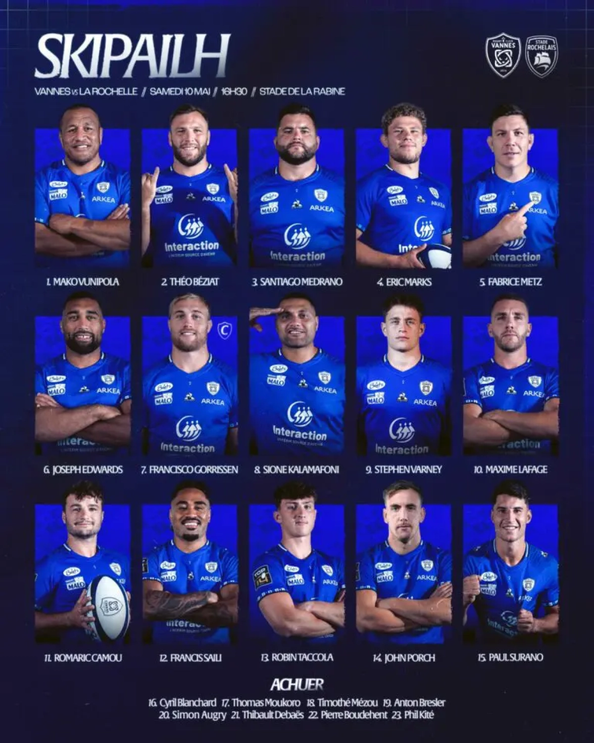 Stade Rochelais : Les compositions d'équipes révélées pour le match crucial à Vannes