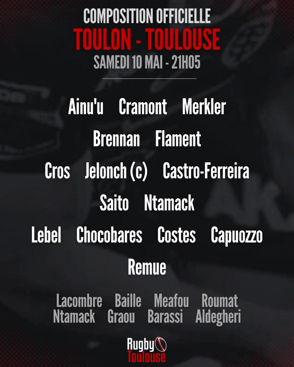 Stade Toulousain : Les compositions d'équipes pour le choc face à Toulon