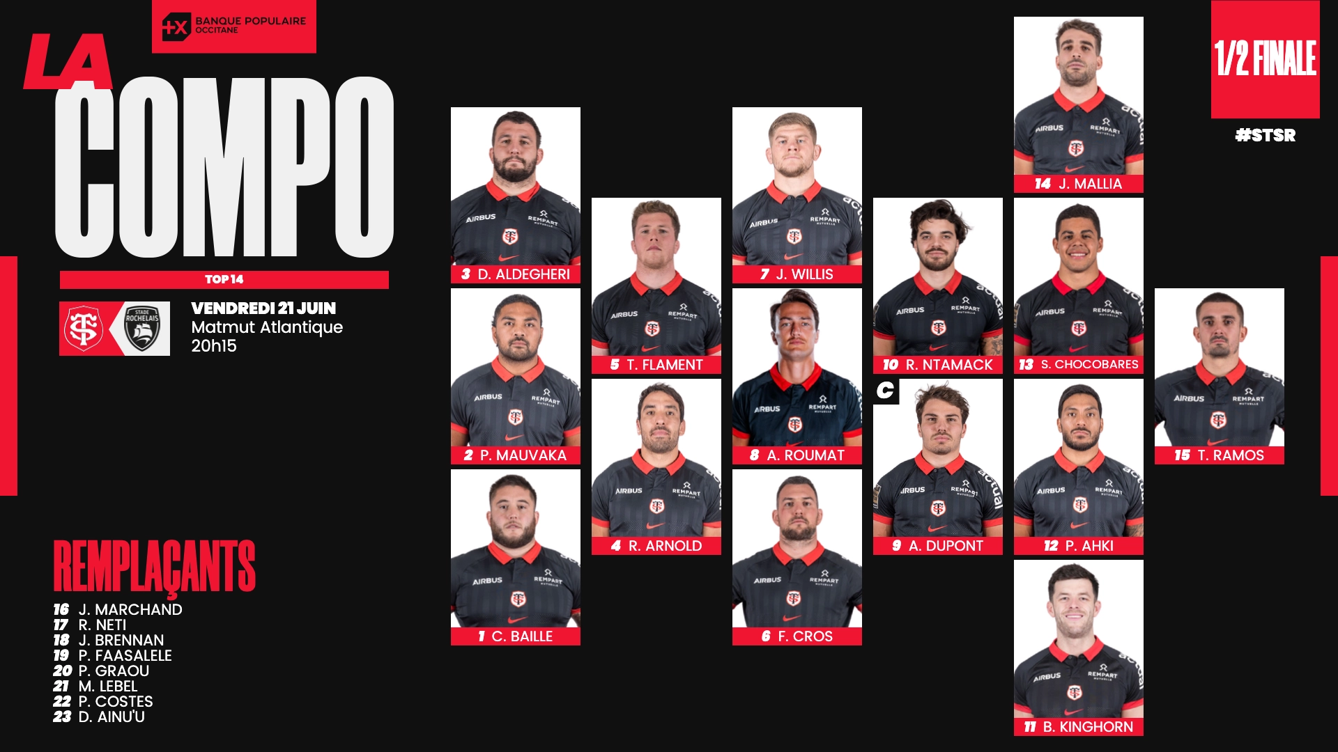 Stade Toulousain Stade Rochelais : Les compositions d'équipes