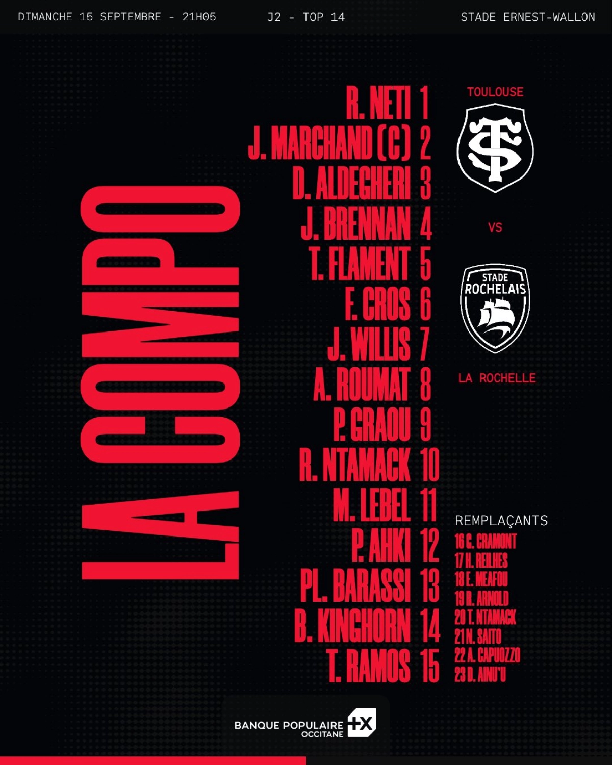 Stade Toulousain Stade Rochelais : Les compositions officielles pour le match
