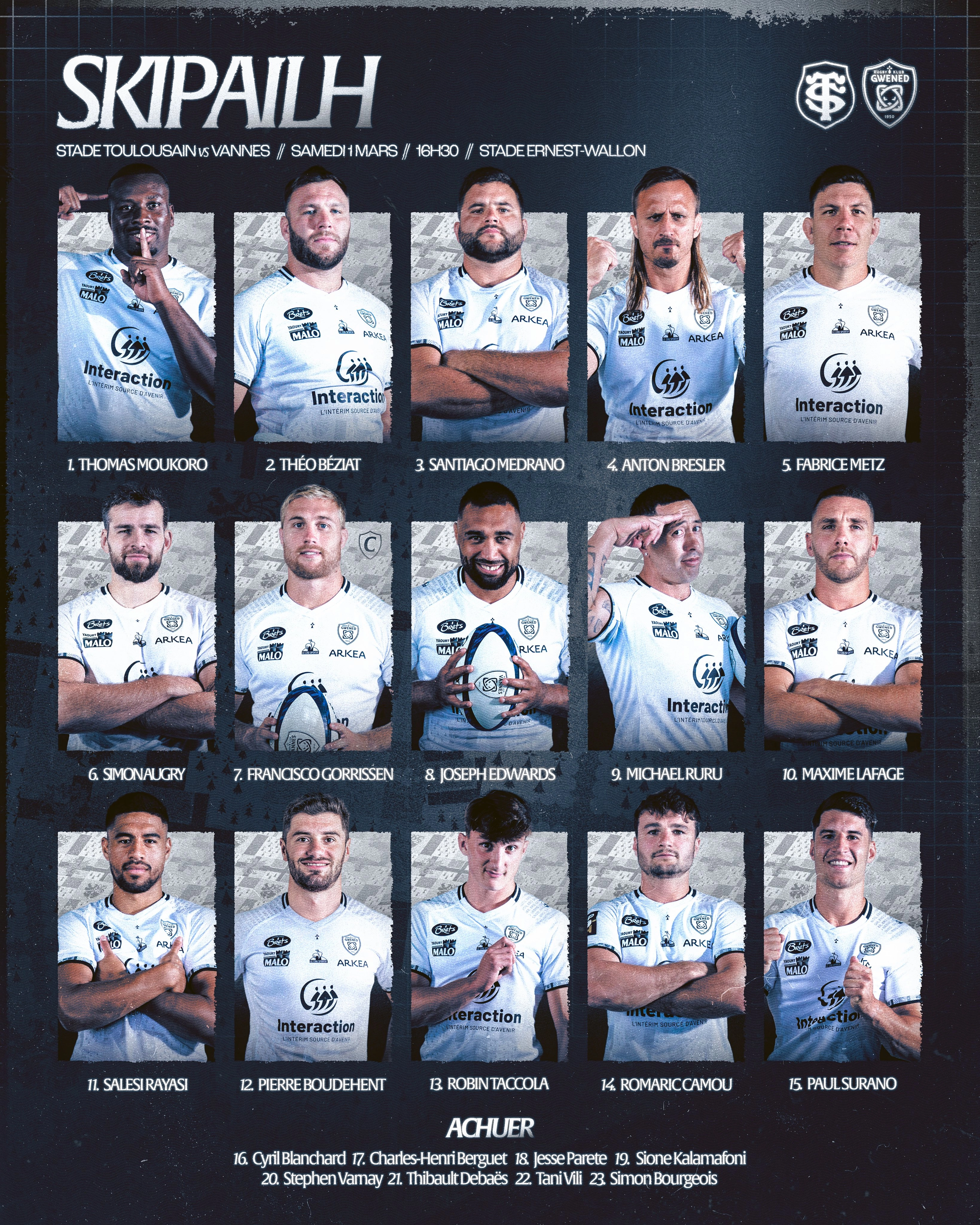 Stade Toulousain vs Vannes : Les compositions d'équipes pour le match !