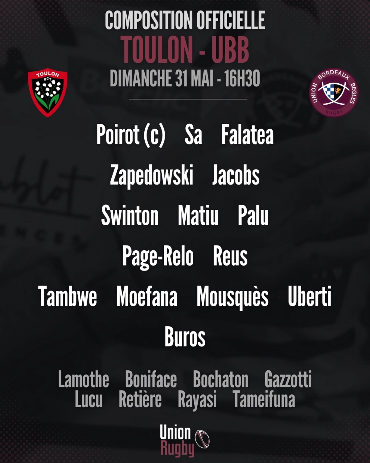 Toulon - UBB : La compo officielle de l'Union Bordeaux-Bègles révélée pour le choc de dimanche en Top 14