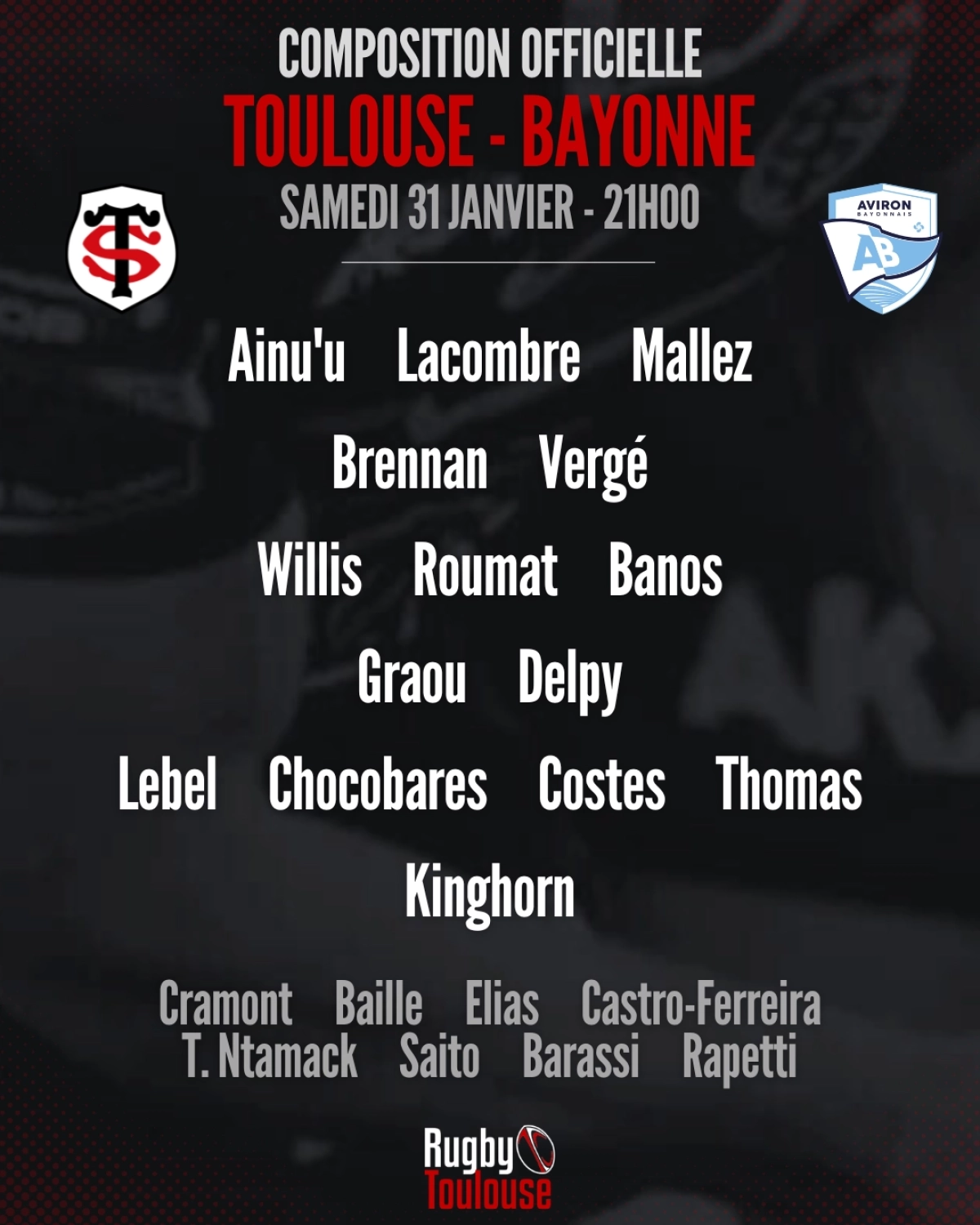 Toulouse - Bayonne : La compo officielle du Stade Toulousain dévoilée pour le match de samedi en Top 14