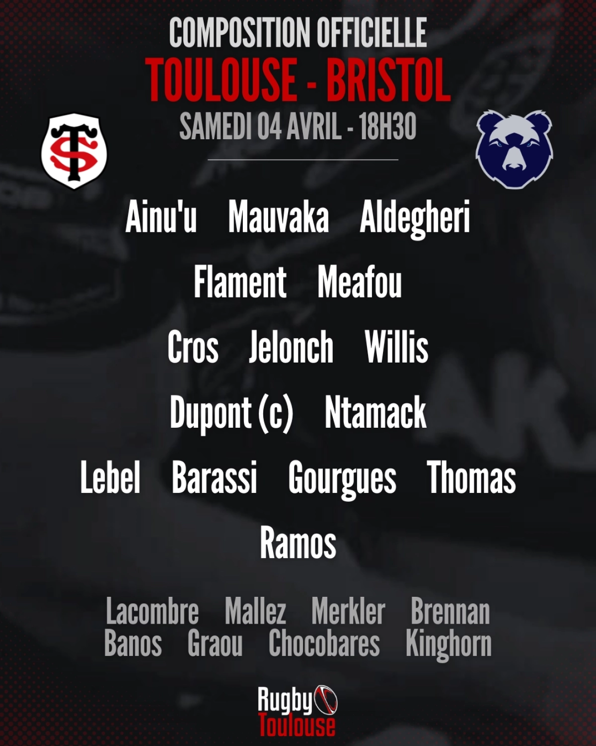 Toulouse - Bristol : La compo officielle du Stade Toulousain révélée pour le match de Champions Cup samedi