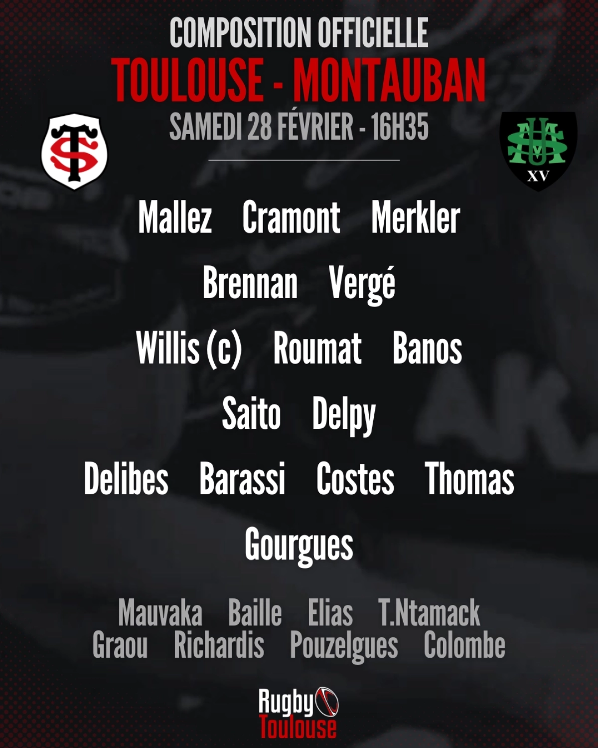 Toulouse - Montauban : La compo officielle du Stade Toulousain révélée pour le match de samedi en Top 14