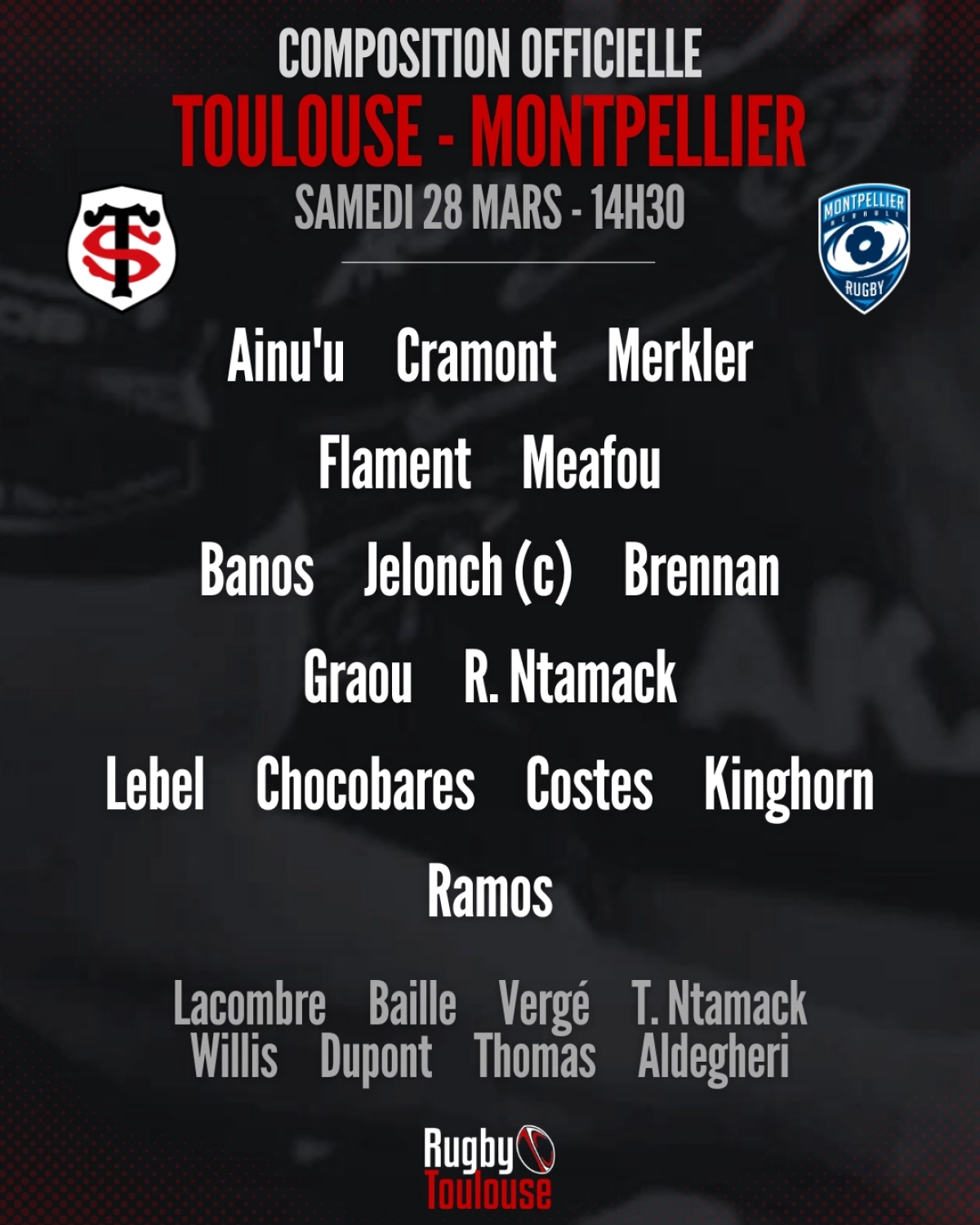 Toulouse - Montpellier : La compo officielle du Stade Toulousain révélée pour le choc de samedi en Top 14
