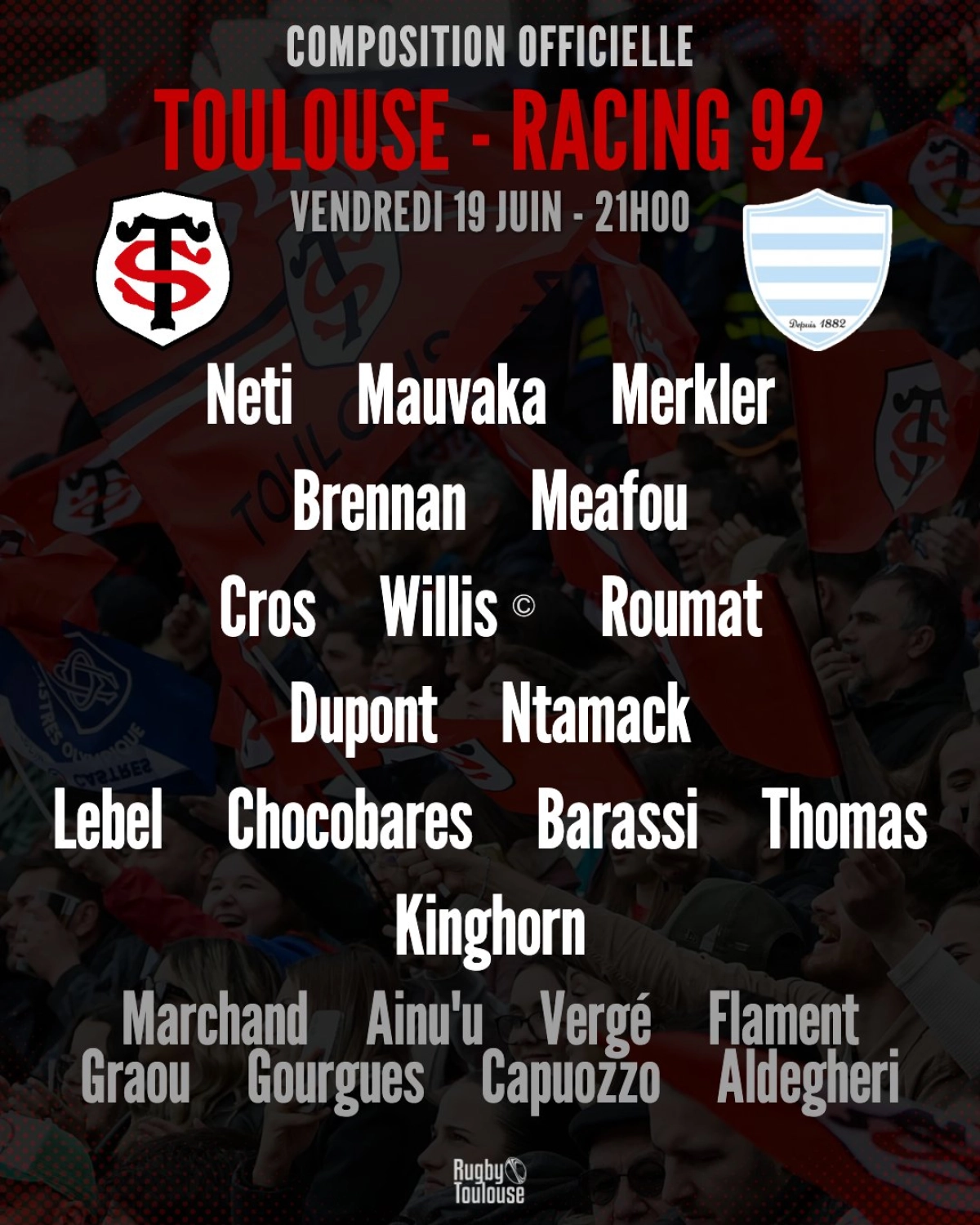 Toulouse - Racing 92 : Les compositions d'équipes officielles révélées pour la demi-finale de Top 14 vendredi