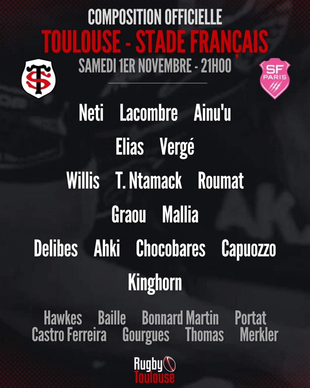 Toulouse - Stade Français : La composition du Stade Toulousain pour affronter Paris samedi soir
