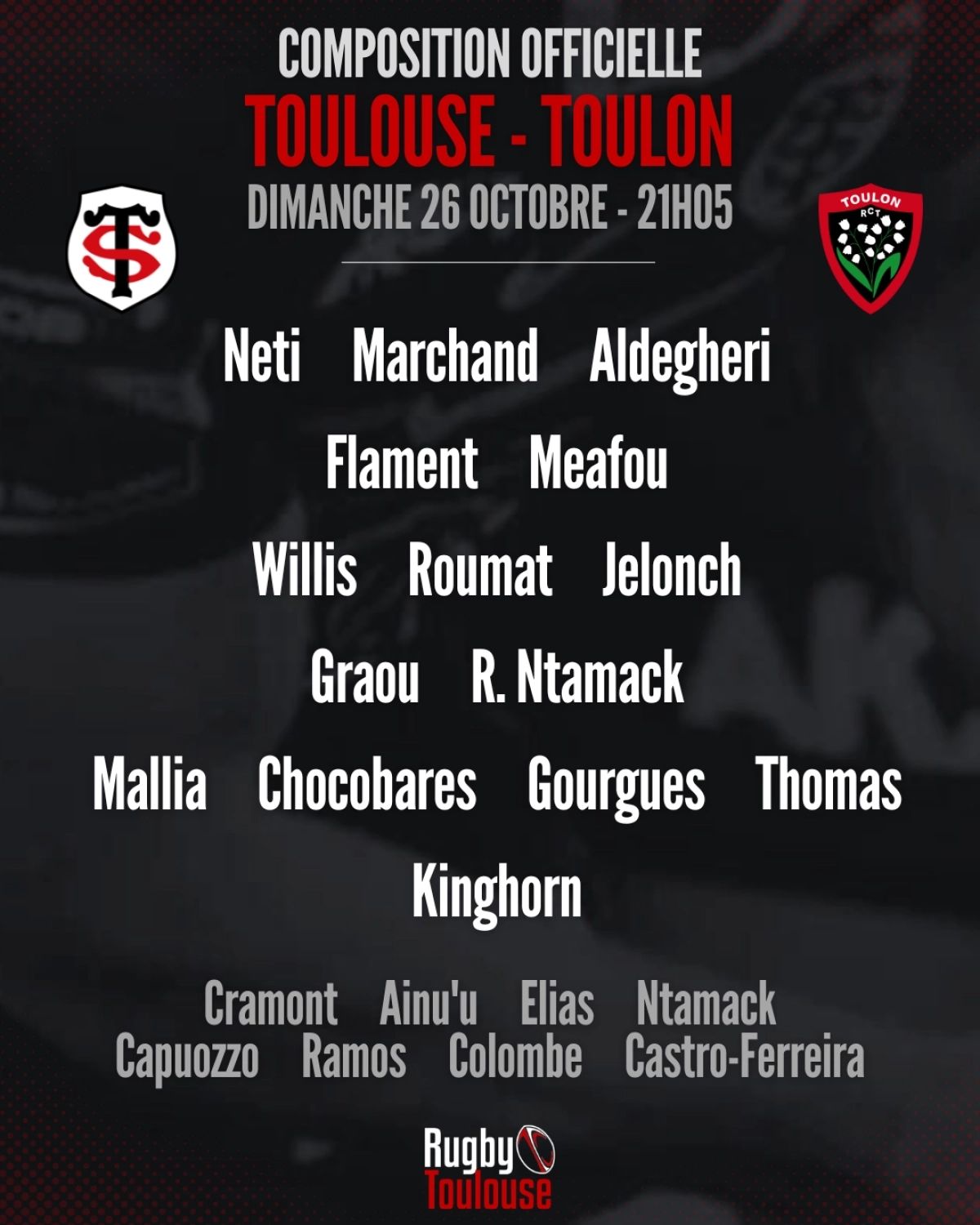 Toulouse - Toulon : La composition du Stade Toulousain pour le choc de dimanche soir
