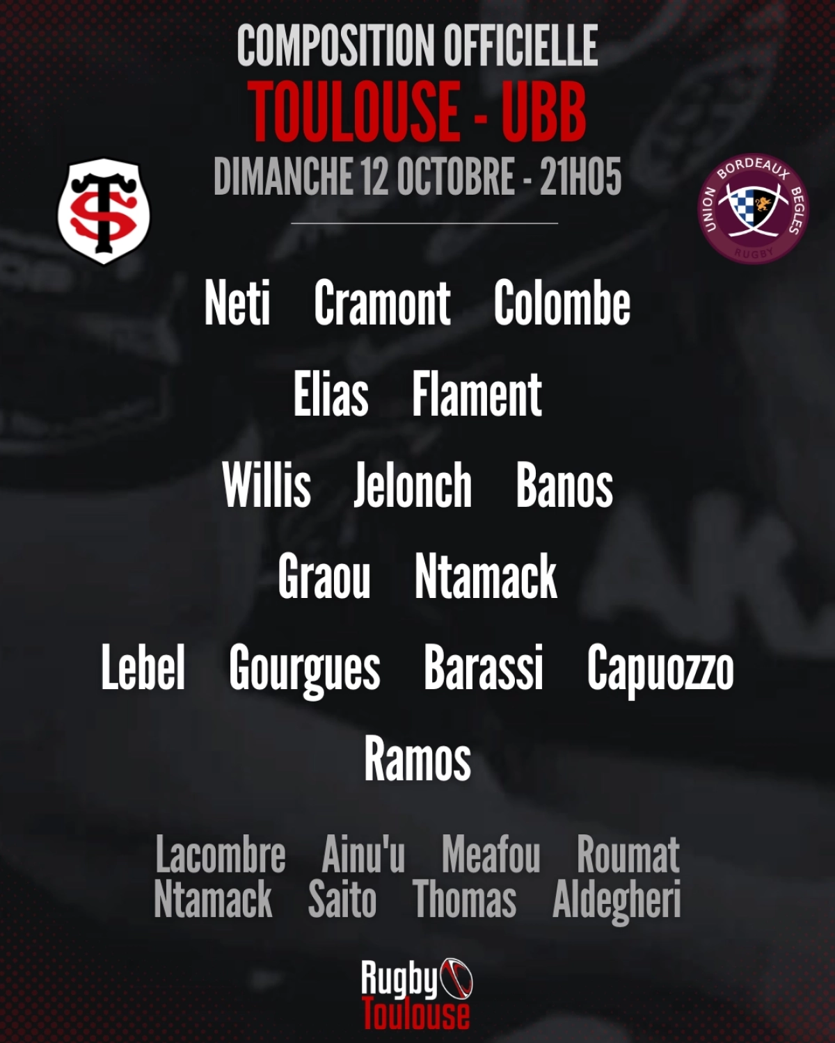 Toulouse - UBB : Les compositions d'équipes révélées pour le duel de dimanche soir