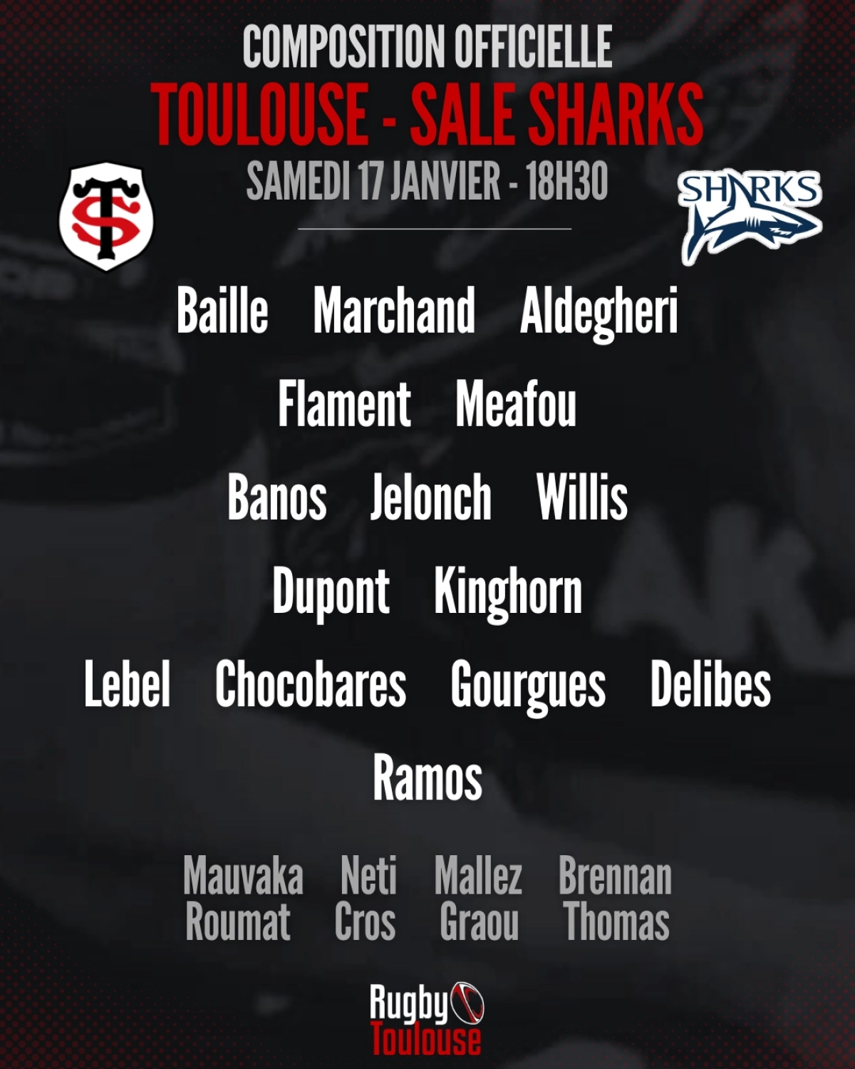 Toulouse vs Sale : La compo officielle du Stade Toulousain dévoilée pour le match de samedi en Champions Cup