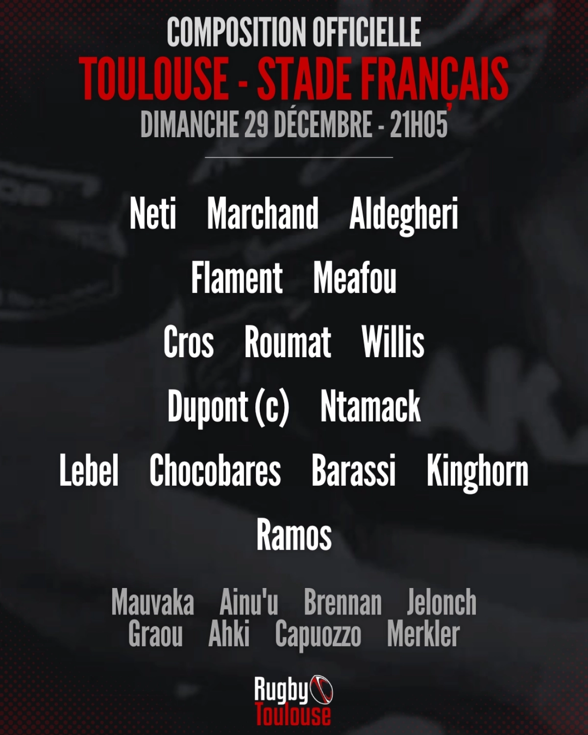 Toulouse vs Stade Francais : Les compositions d'équipes pour la 13ème journée de Top 14