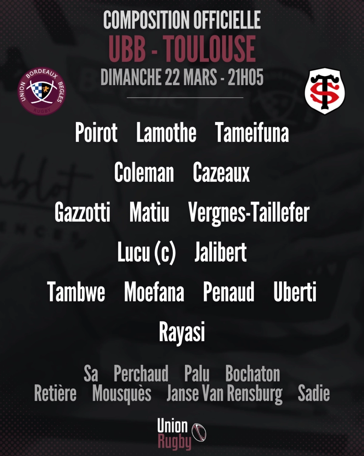 UBB - Toulouse : La compo officielle du Stade Toulousain dévoilée pour le match à Bordeaux dimanche en Top 14