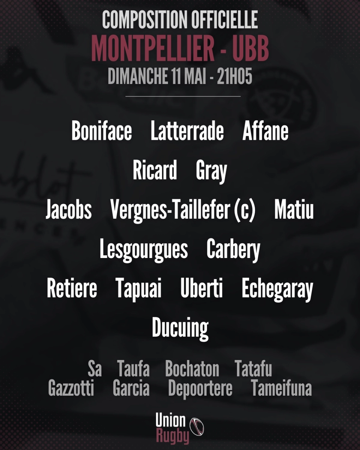 UBB : Les compositions d'équipes dévoilées pour le match face à Montpellier en Top 14