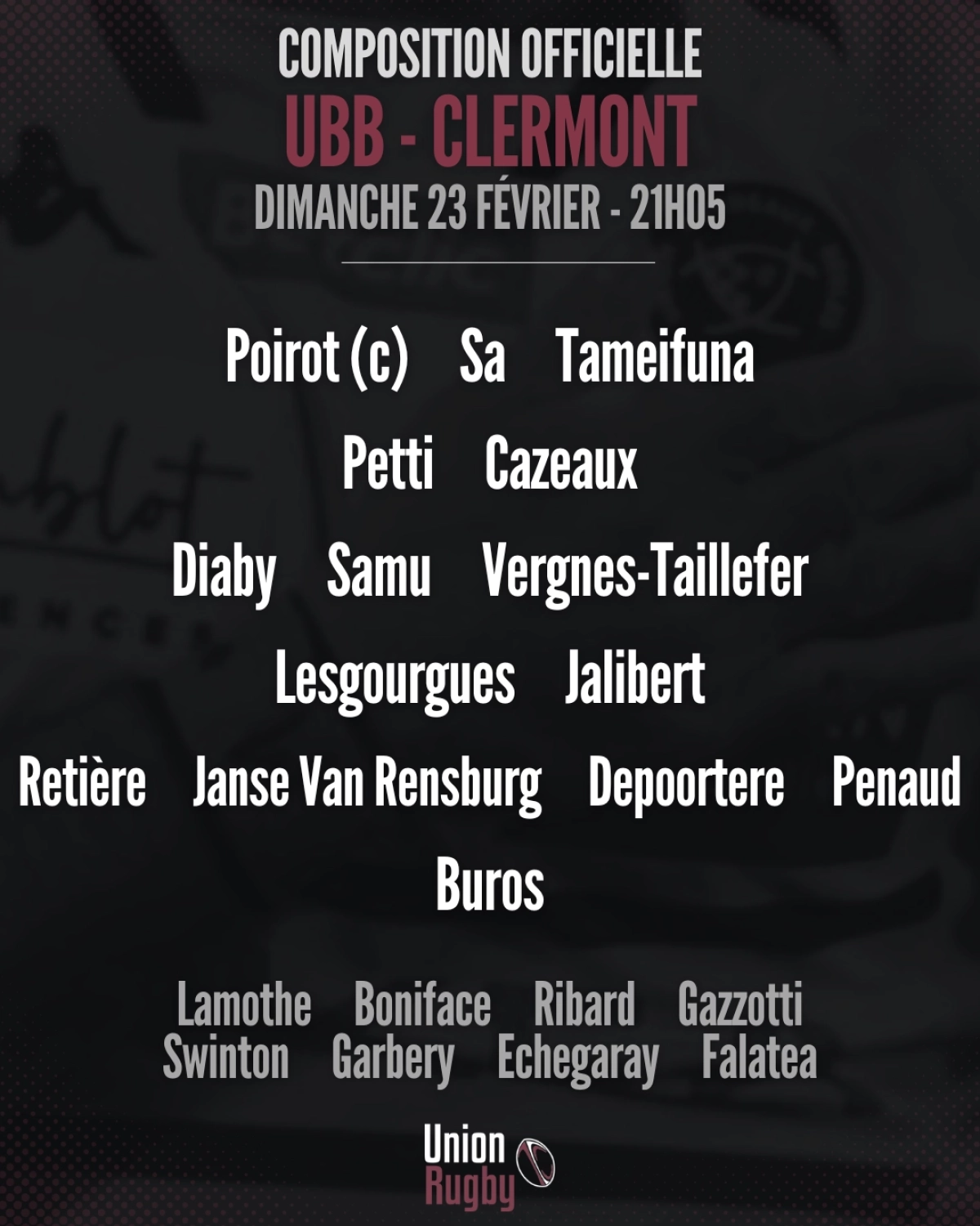 UBB vs Clermont : Découvrez les compositions officielles pour le match de Top 14