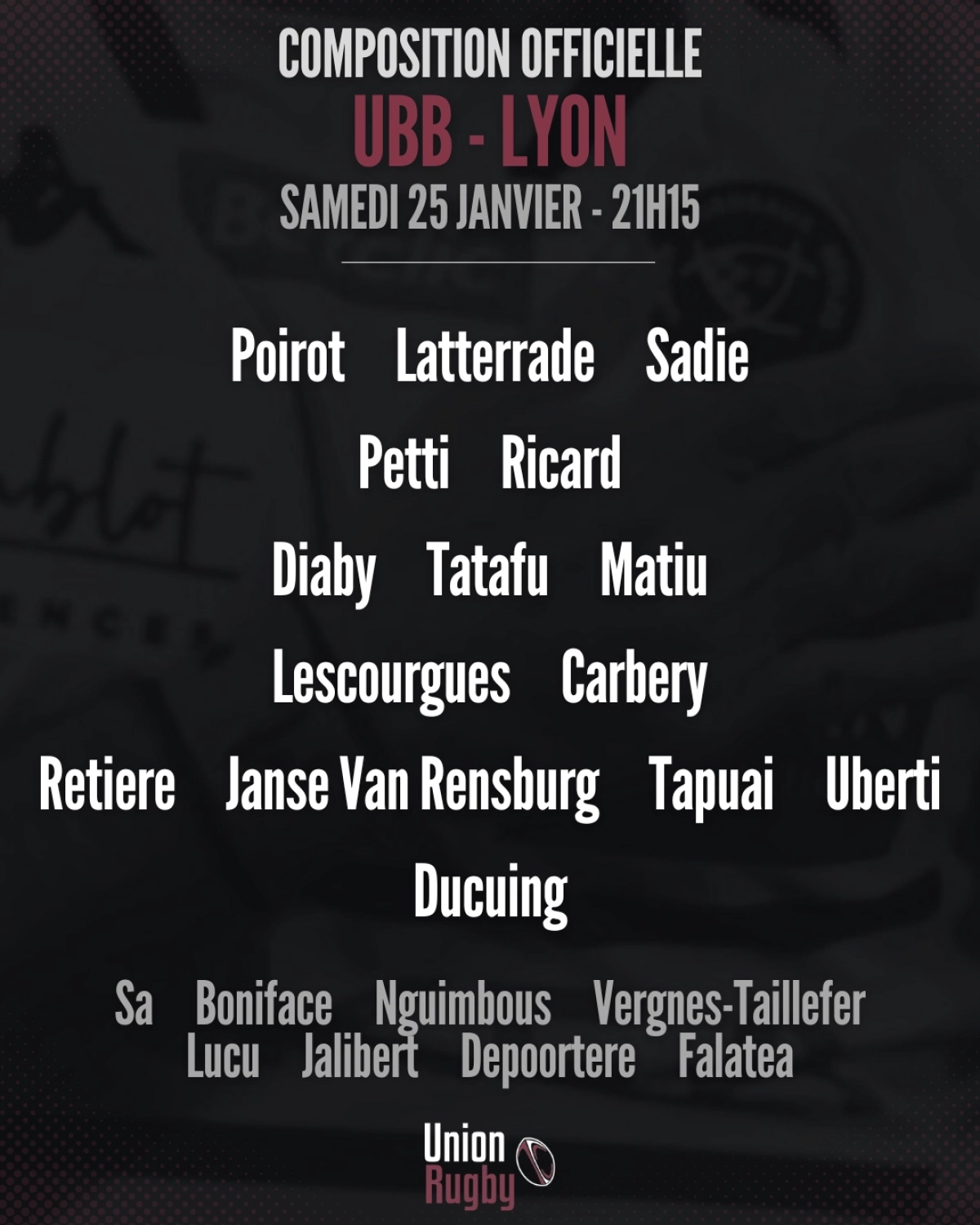 UBB vs Lyon : Découvrez les compositions des équipes pour la 15ème journée de Top 14