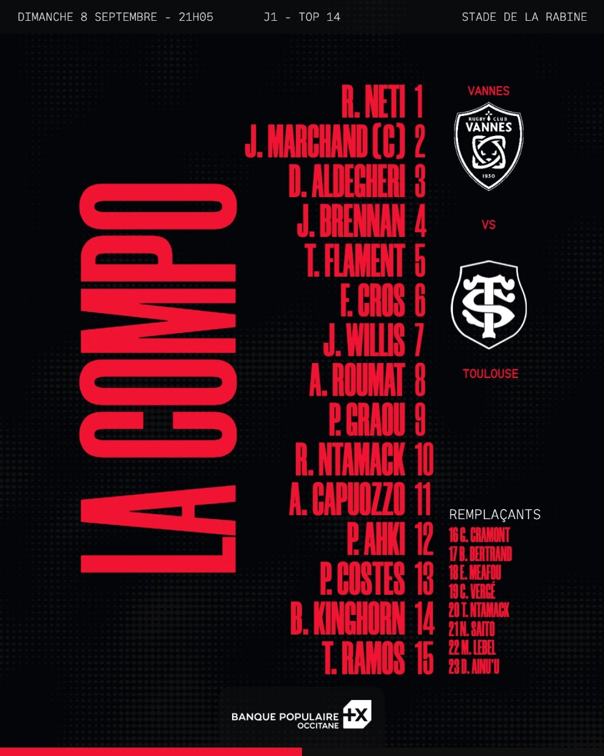 Vannes Stade Toulousain : Les compositions officielles